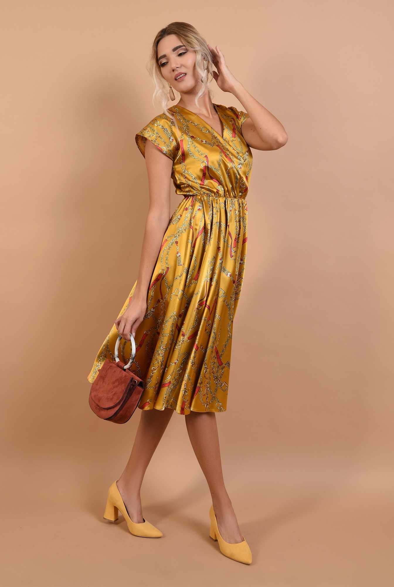 3 - rochie Poema, midi, evazata, satin imprimat, anchior petrecut