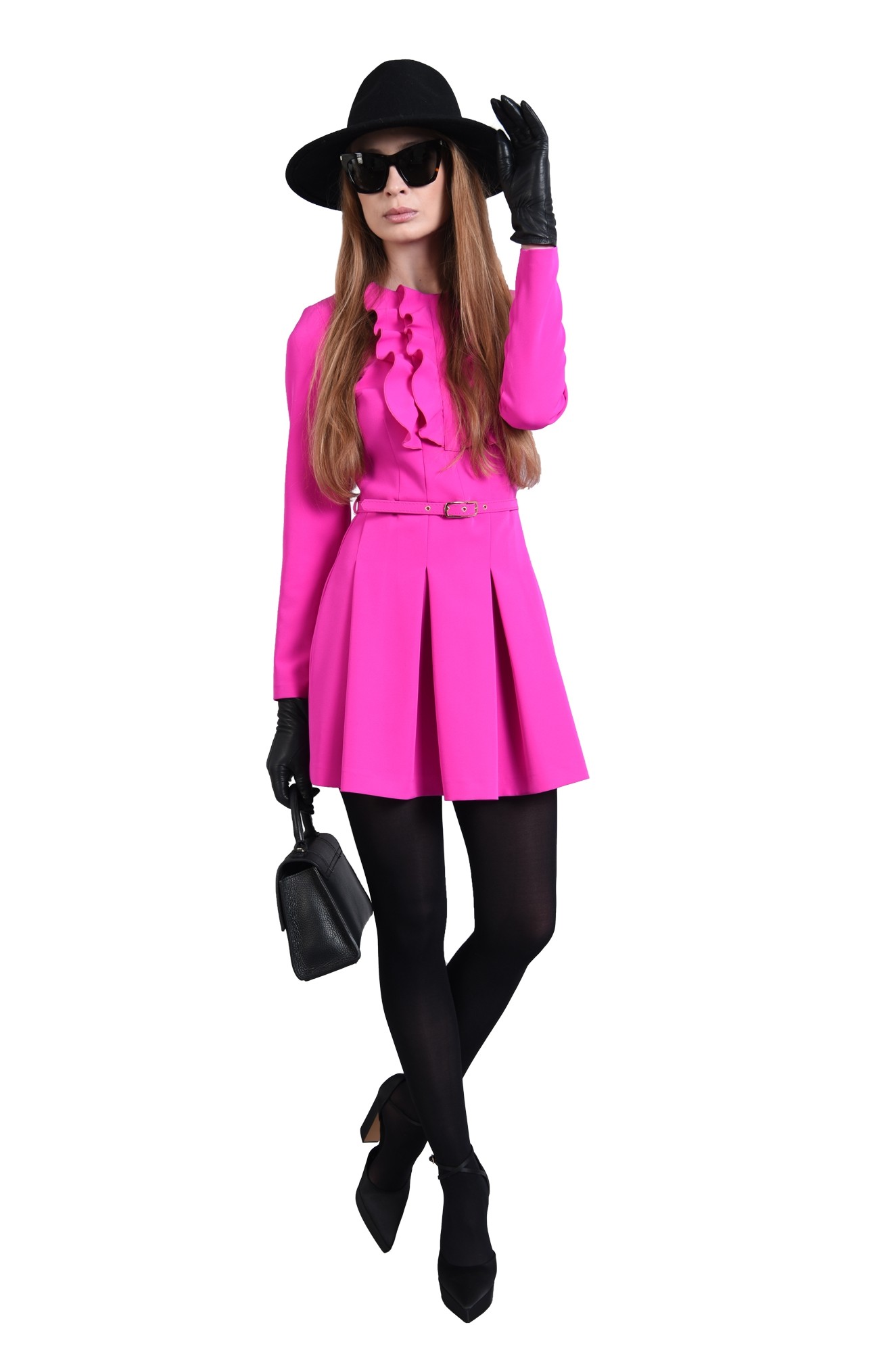 0 - ROCHIE FUCSIA MINI CU CENTURA SI VOLANE