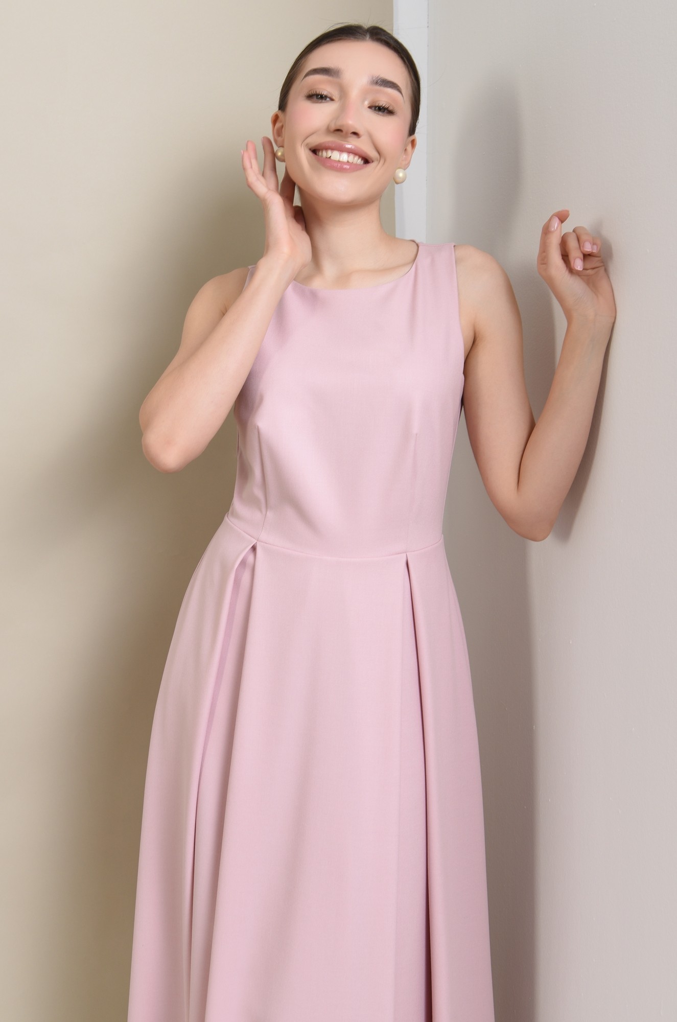 0 - ROCHIE MIDI ROZ CU PLIURI DECORATIVE