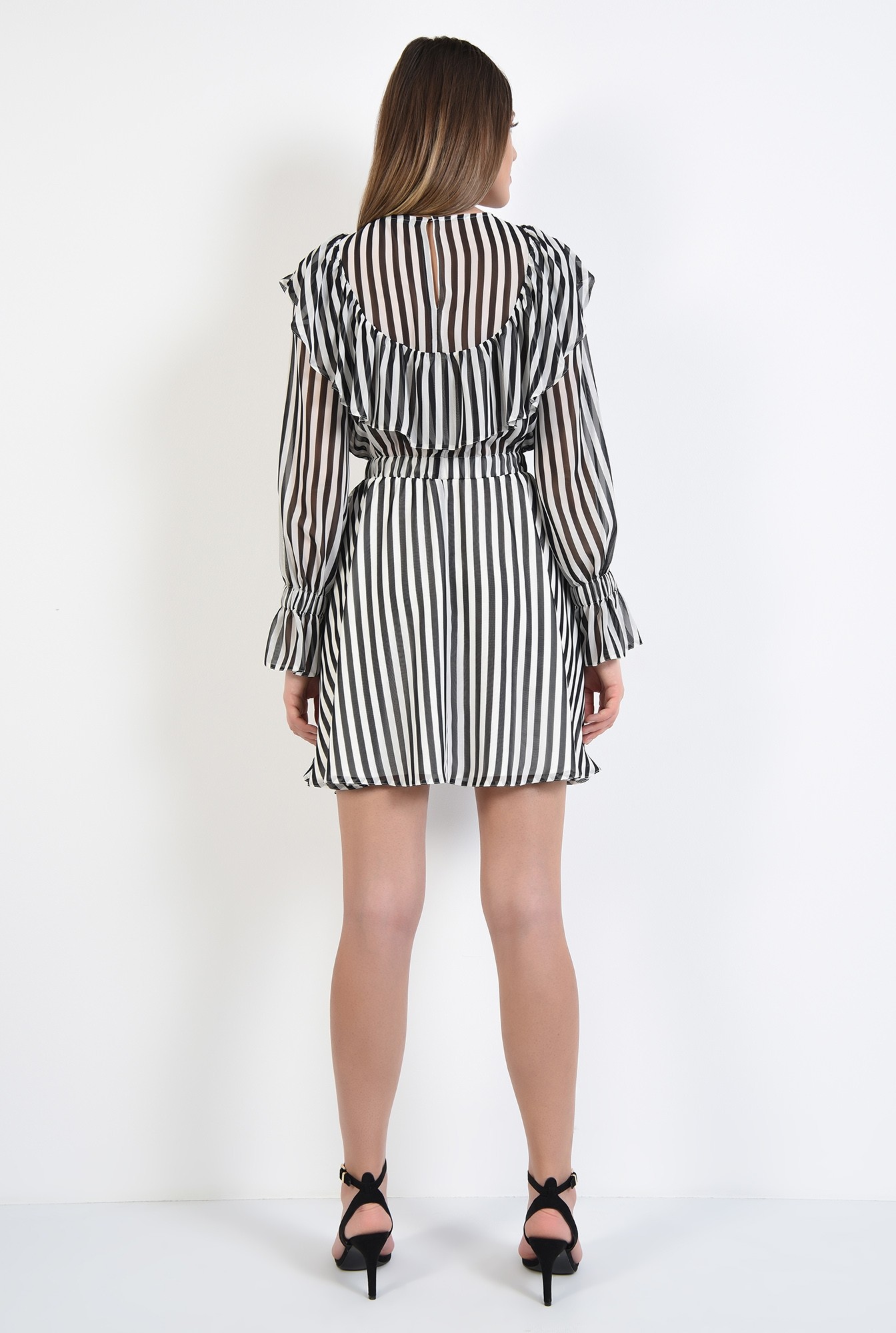 1 - 360 - rochie mini, cu dungi, alb-negru, talie pe elastic, volan