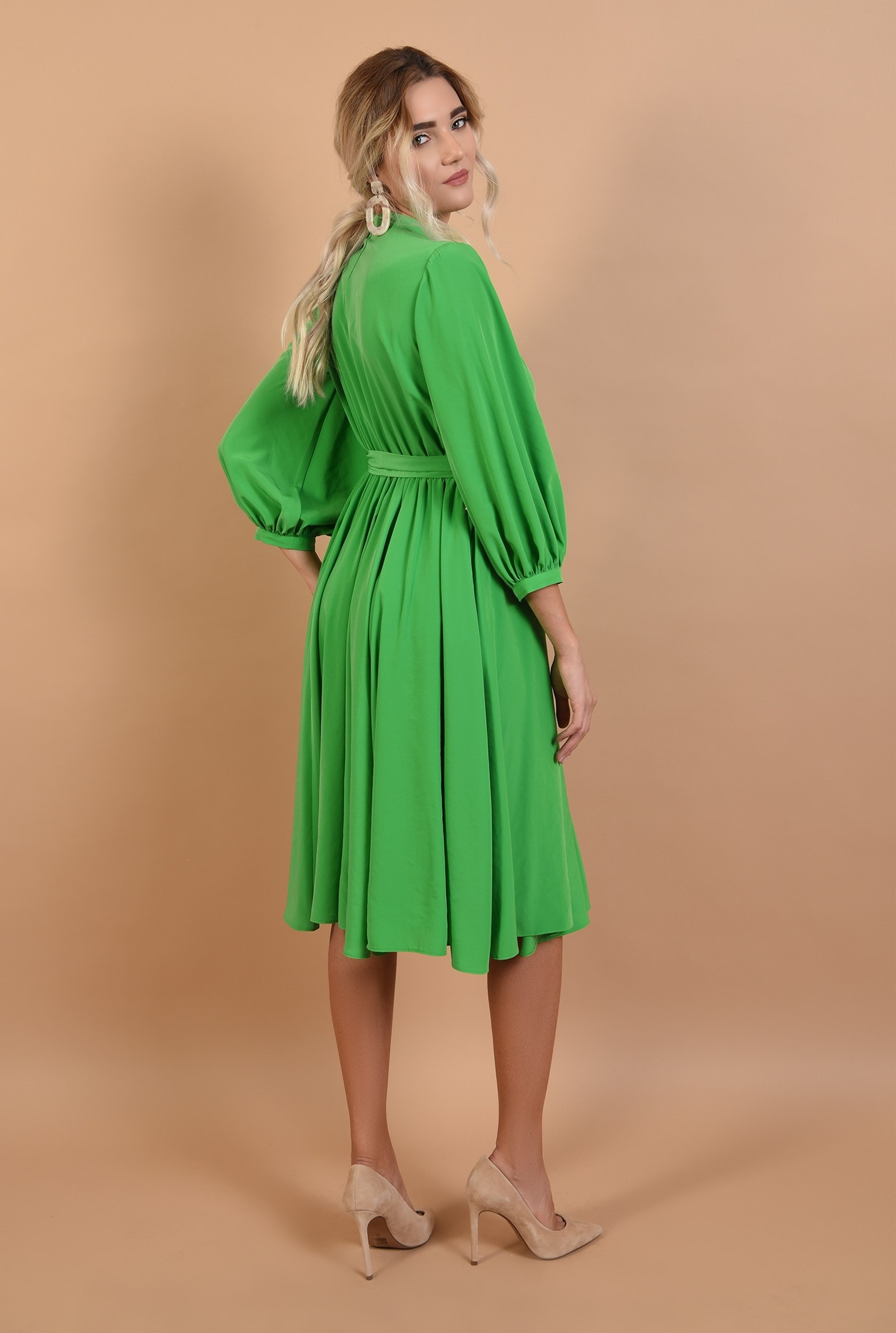 1 - rochie de toamna, verde crud, cordon, maneci bufante