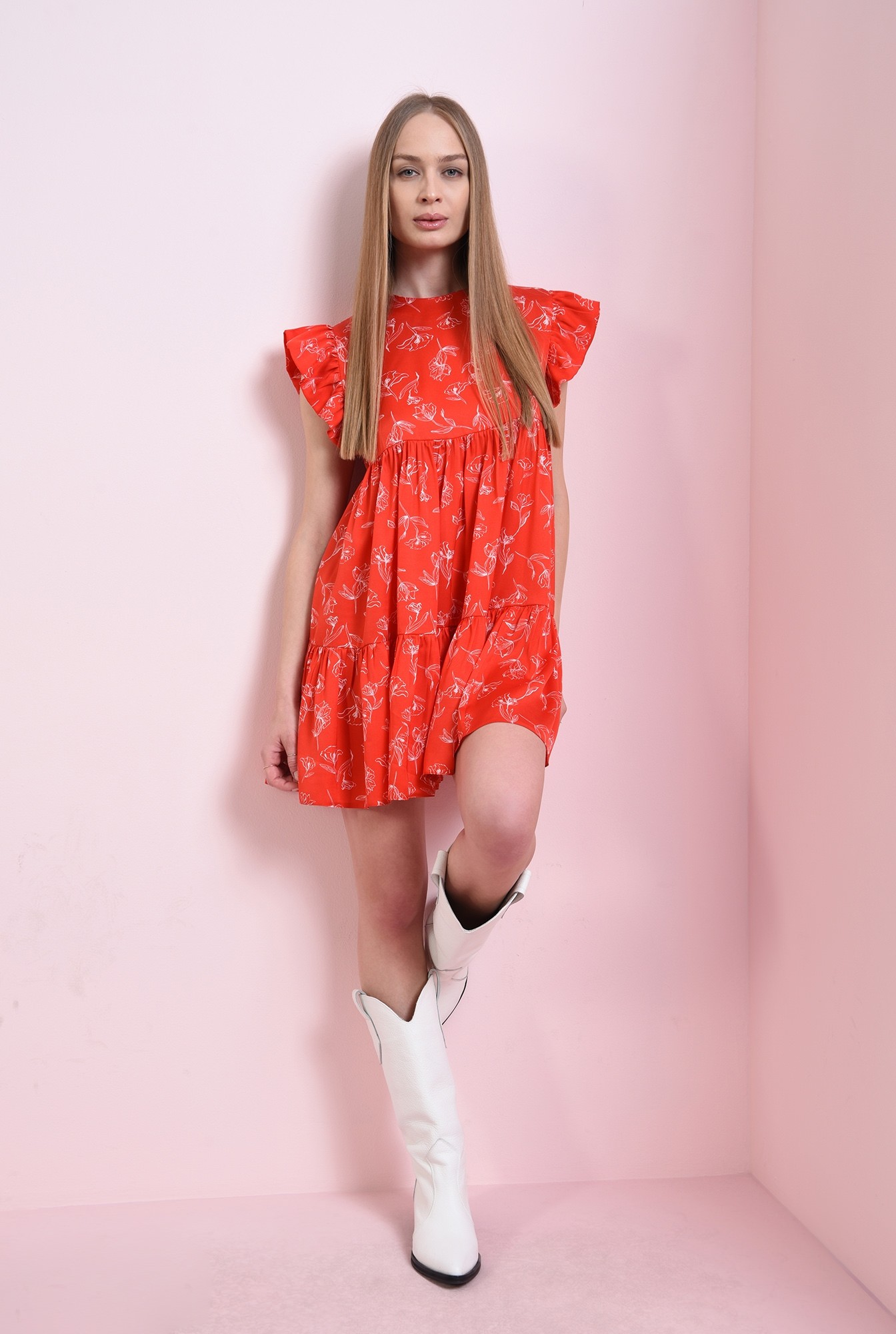 2 - rochie rosie, scurta, cu print