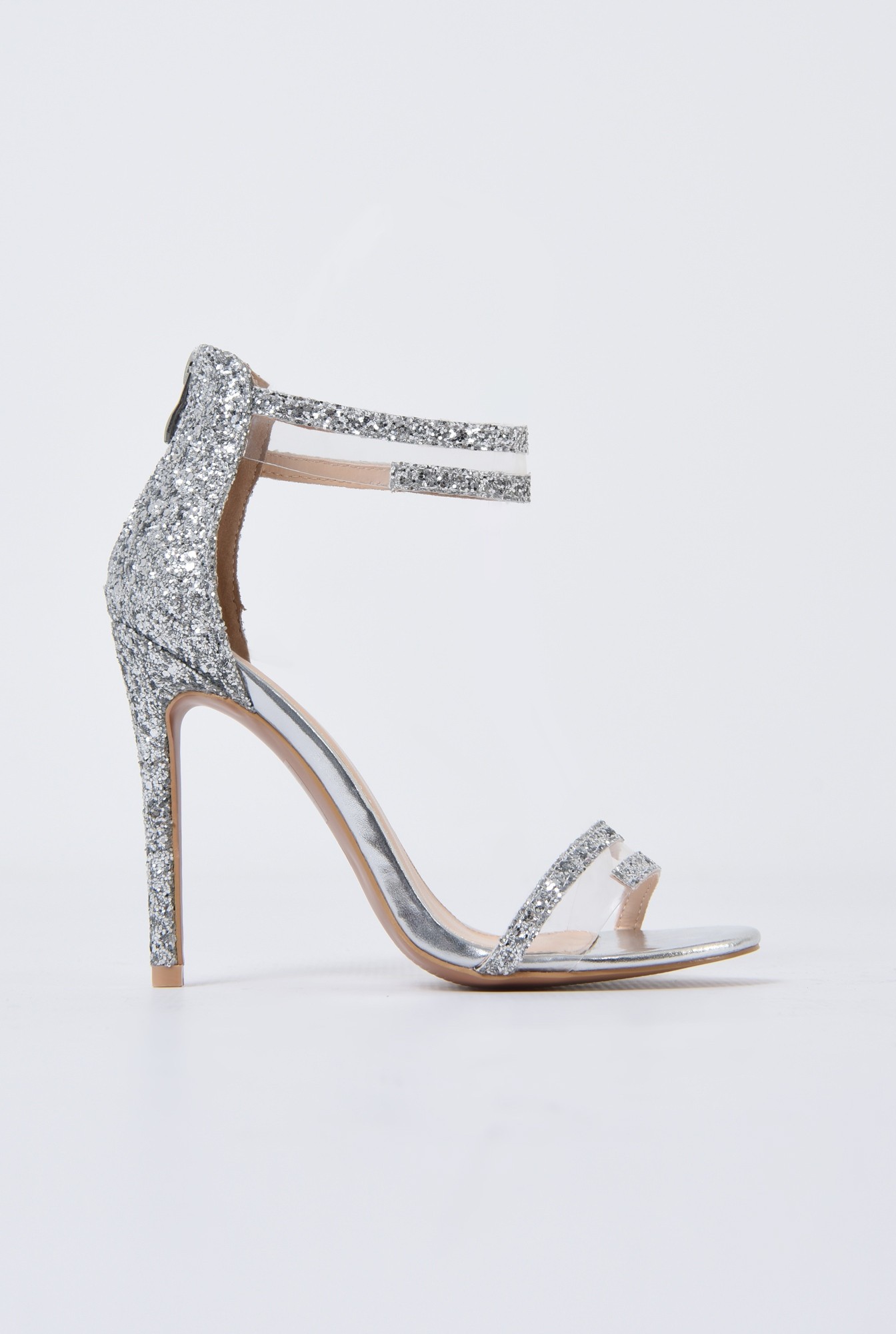 0 - sandale elegante, argintii, cu glitter, stiletto
