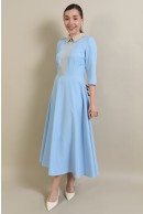 7 - ROCHIE MIDI BLEU CU GULER SI NASTURE PERLA
